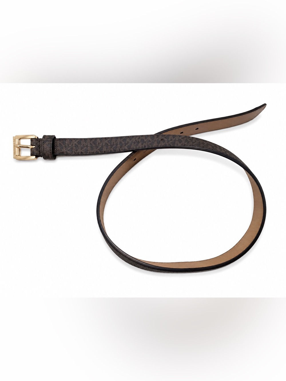 Michael Kors Dark Brown Monogram Slim Belt with Gold Buckle,,length 39”